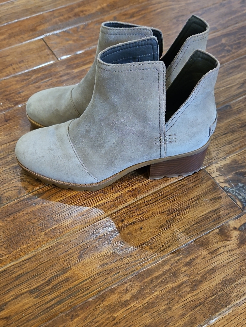 Sorel Taupe Suede V-Cut Ankle Booties